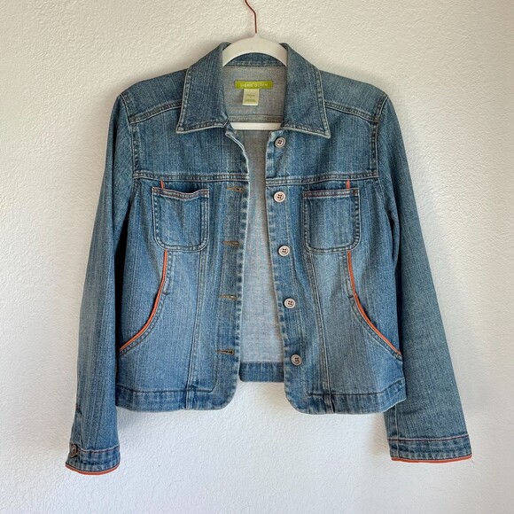 Sigrid Olsen Women's Denim Jean Jacket with Orange Trim and Cute Buttons Size 2P - Picture 2 of 10